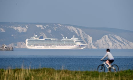 Cruise ship MV Ventura of the P&amp;O Cruises fleet is anchored in the bay in Weymouth.