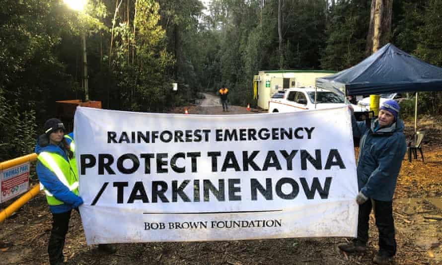 Protesters near the proposed tailings dam site in Tasmania's takayna/Tarkine wilderness in June.