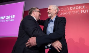 Newly elected Labour deputy leader Tom Watson, left, embraces newly elected leader Jeremy Corbyn.