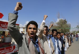 Yemenis chant anti-Saudi slogans during a protest against the recent Saudi-led airstrikes.
