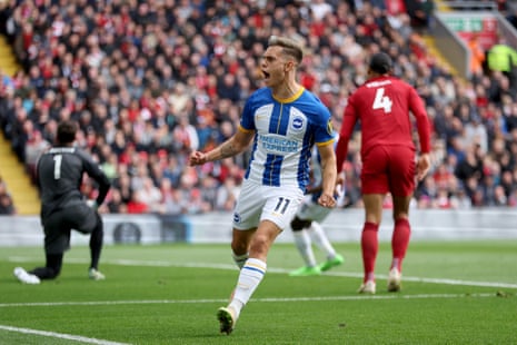 Leandro Trossard doubles the lead for Brighton at Anfield.