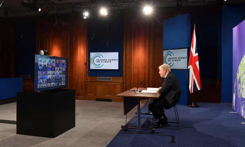 Boris Johnson speaks during the opening session of the virtual US leaders summit on climate