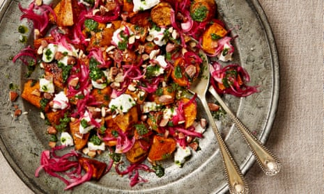 Yotam Ottolenghi’s roast sweet potatoes with pickled onions, coriander and goat’s cheese.