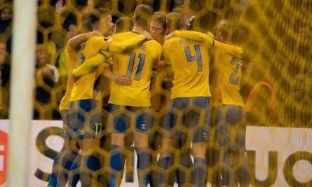 Christian Cappis is congratulated by teammates after putting Brondby ahead