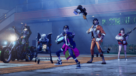 a female zombie on a motorbike, a gargoyle in a shopping trolley, the male zombie protagonist, a man with pointy ears and wolf-like feet, and a young woman holding a weapon adapted from a broom.