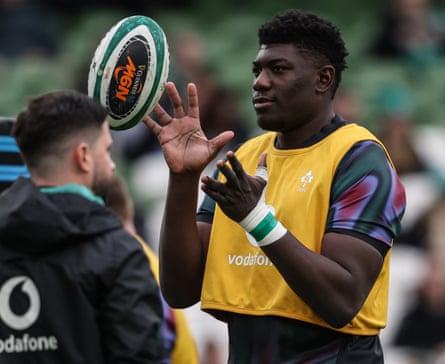 Edwin Edogbo warms up before Ireland’s Six Nations match against Italy