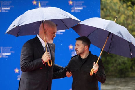 Albania’s prime minister Edi Rama, left, welcomes President of Ukraine Volodymyr Zelenskyy at the 6th European Political Community (EPC) Summit in Tirana, Albania.