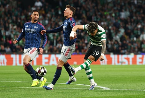 Sporting's Maximiliano Araujo thumps a shot against the woodwork.