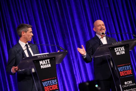 Candidates Matt Mahan and Steve Hilton at the San Francisco Examiner and CBS debate.