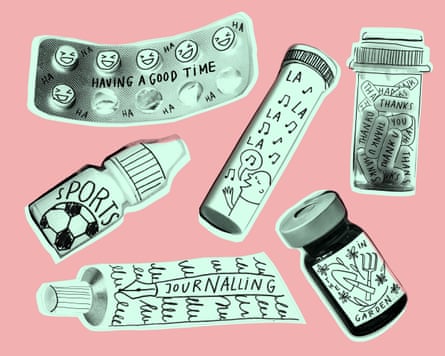 A cartoonified illustration showing medicines, cosmetics and ointments in green on a pink background