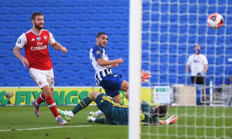 Brighton &amp; Hove Albion’s Neal Maupay scores their second goal.
