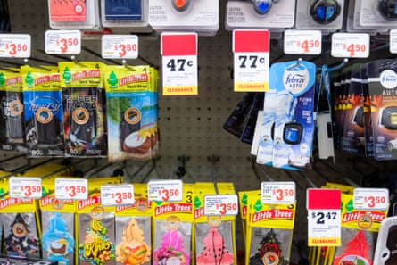 Price stickers and merchandise on shelves