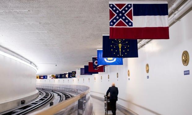 The Confederate battle flag, as part of Mississippi’s state flag, hangs in the US Capitol along the Senate subway.