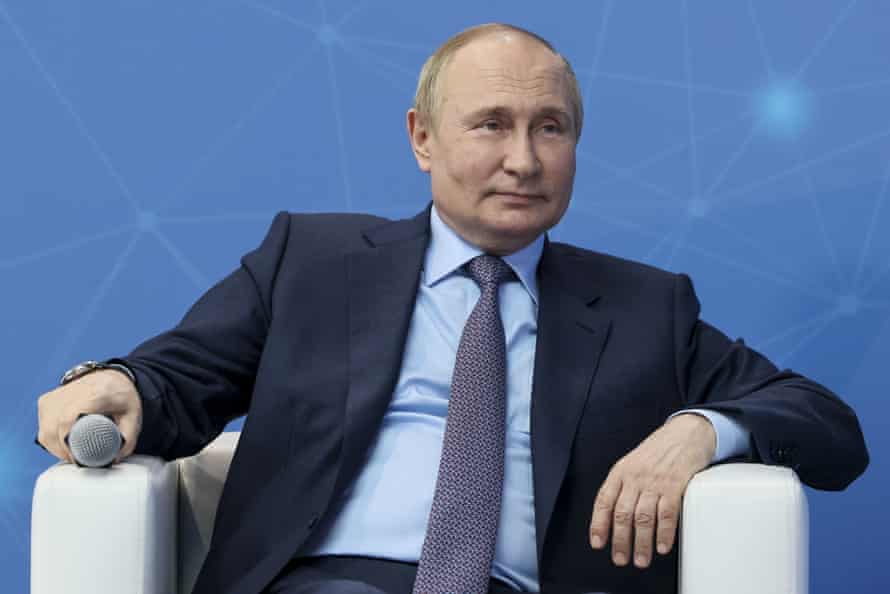 Russian President Vladimir Putin attends a meeting with young entrepreneurs and startup developers, comparing his current actions in Ukraine to Peter the Great’s conquest of the Baltic coast.