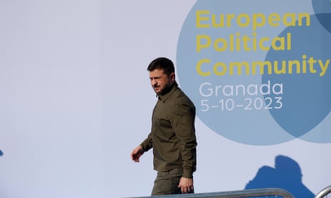 Ukraine’s president. Volodymyr Zelenskiy, arrives at the Europe summit in Granada, Spain.