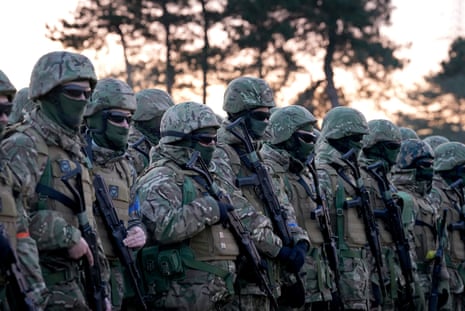 Ukrainian troops and their UK military instructors at Lydd army camp in Kent.