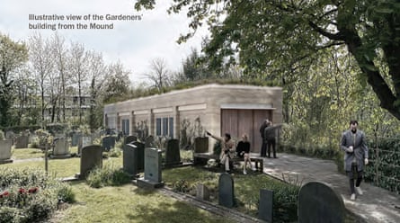 Artist’s impression showing the planned building, a plain, rectangular stone structure with a path in front.