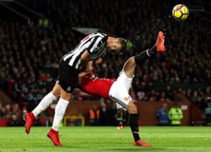 Newcastle United’s Florian Lejeune and Manchester United’s Juan Mata battle for the ball during the match at Old Trafford