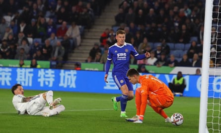 Robin Koch puts the ball past his own goalkeeper Illan Meslier to give Leicester the lead