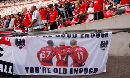 A banner showing Manchester United’s Kobbie Mainoo, Alejandro Garnacho and Rasmus Højlund.