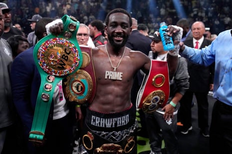 Terence Crawford celebrates after his defeat of Errol Spence.