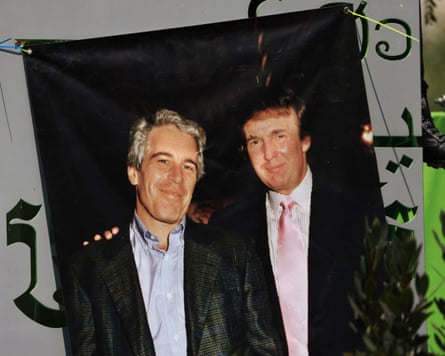 A banner of Jeffrey Epstein and Donald Trump