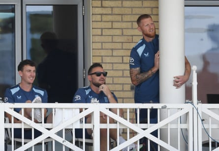 Harry Brook, Brendon McCullum and Ben Stokes on the dressing room balcony