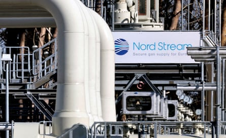 The pipes of the landfall facilities of the Nord Stream 1 gas pipeline with a sign saying: Secure gas supply for Europe