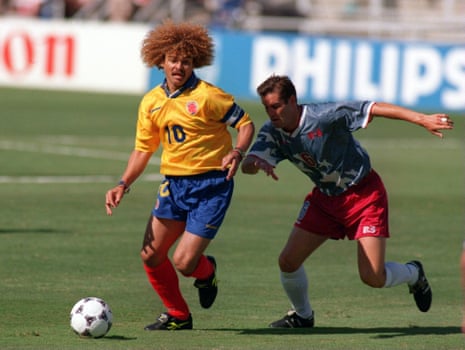Carlos Valderrama against the USA’s John Harkes in 1994.
