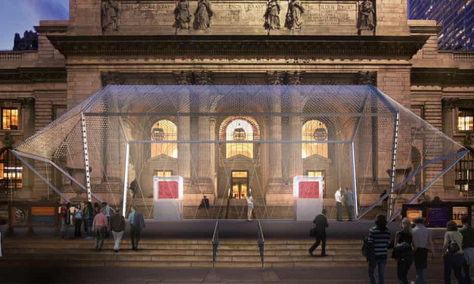 Visualisation of Odyssey housed in its Norman Foster-designed pavilion outside the New York Public Library. 