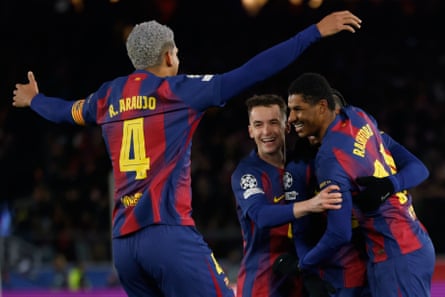 Marcus Rashford celebrates with teammates after scoring Barcelona’s final goal in their 4-1 win against Copenhagen
