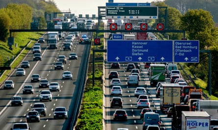 Cars and lorries queue on a motorway in Frankfurt, Germany