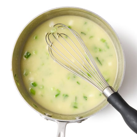06a Felicity Cloake’s Asparagus Soup. Stir in the flour, and cook for a couple of minutes, stirring so it doesn’t burn. 6 Add the flavoured cooking water: Slowly pour in the reserved asparagus cooking water bit by bit, whisking as you do so, first to make a paste and then to loosen the paste with the rest of the liquid, so you don’t end up with lumps. Bring to a boil.