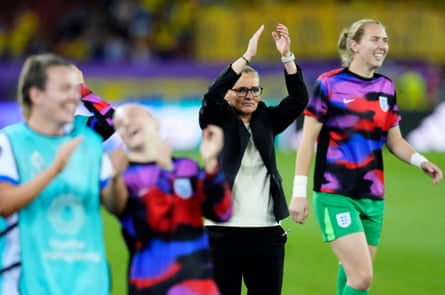 Sarina Wiegman (centre) applauds the England fans in Zurich