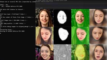 Film still showing mockup of AI program generating 12 pictures of a woman’s face with different expressions.
