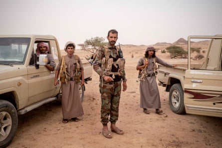 Mohammed Ali Shedadi, 41, commander of the 7th Brigade armed forces, at the frontline in Raghwan, a desert village a few hours north of the city of Marib. He has set up a small military camp