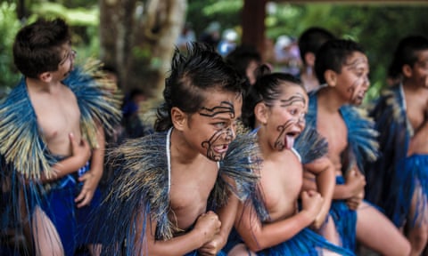 Maori boys perform kapa haka at Waitangi Day