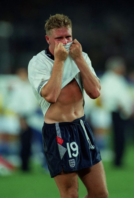 Paul Gascoigne holds his football shirt to his face as he cries at the end of the semi/final against Germany in the 1990 World Cup.
