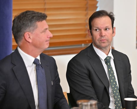 Angus Taylor sits with the Nationals leader, Matt Canavan, who spent the weekend at CPAC dressed in hi-vis.