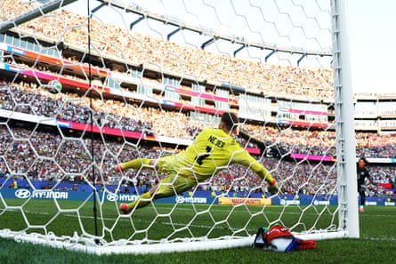 Manuel Neuer watches nan winning Paraguay penalty, taken by José Canale, spell past him.
