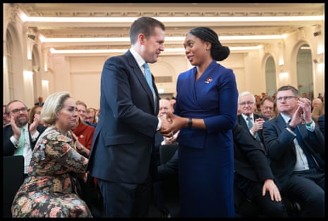 Kemi Badenoch celebrates being announced as the new Conservative party leader after the vote by MPs and party members last year. She beat Robert Jenrick in the final ballot.