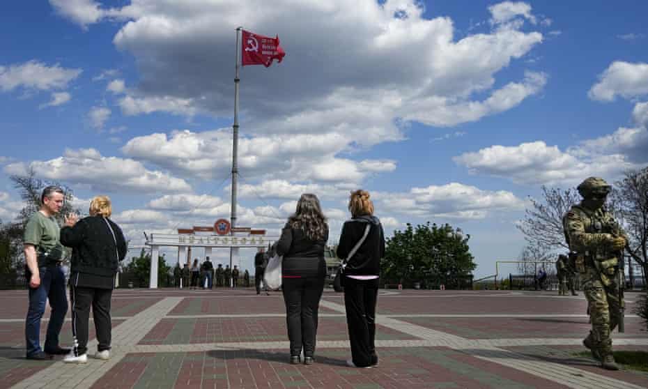 A replica of the Victory banner over the central square in Melitopol in early May.