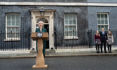 Liz Truss makes her final speech at the Jenga-style podium outside 10 Downing Street in London.