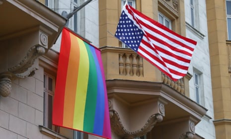 The Biden White House reversed an order by the Trump administration that banned flying the pride flag on the same pole at US embassies, seen here in Moscow, but will continue to ban the flag at US military installations. 
