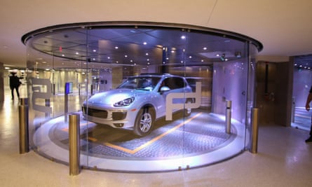 ‘You’ll never have to interact with other people’ … the lift inside the Porsche Design Tower that takes cars up to a three- or four-car sky garage.