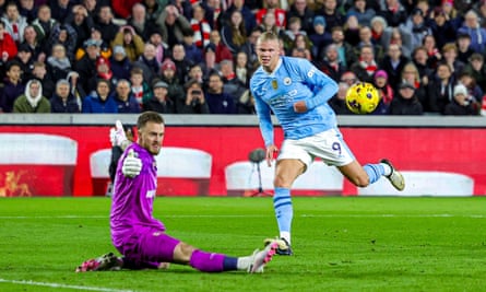 Brentford’s Mark Flekken denies Erling Haaland, who was making his first start since December.