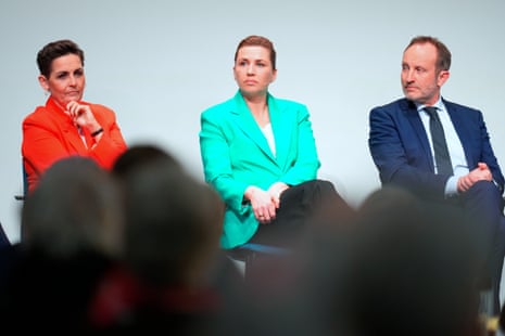 Chair of the Socialist People's Party Pia Olsen Dyhr, chair of the Social Democrats Mette Frederiksen, and political leader of the Social Liberal Party Martin Lidegaard look on, during a party leader debate the day after the parliamentary election at the Confederation of Danish Industry, in Copenhagen.