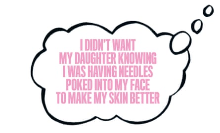 A speech bubble with the words: I didn't want my daughter knowing I was having needles poked into my face to make my skin better