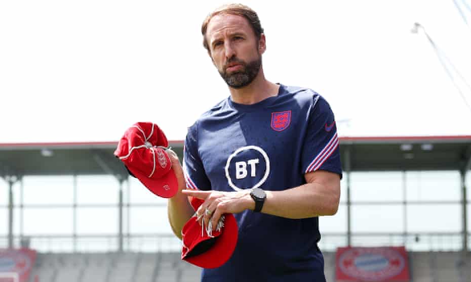 Gareth Southgate at England’s training session in Munich on Monday, preparing to give debut caps to  James Justin and Jarrod Bowen.