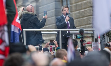 Ukip leader Gerard Batten speaking at a rally of Yaxley-Lennon’s supporters outside the Old Bailey.
